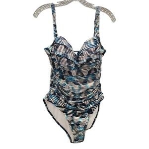 La‎ Blanca Women's Wave Print Ruche Front Blue Black White 1-Piece Swimsuit 12